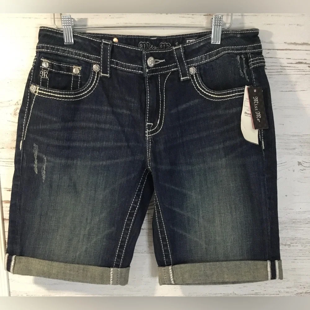 Buckle /Miss Me Women's Dark Indigo Rhinestone Embellished Bermudas